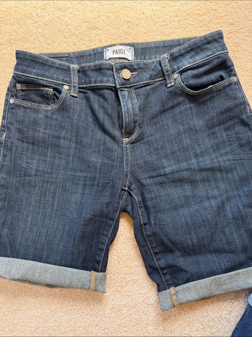 PAIGE Blue Dark Wash Rolled Hem Denim Shorts